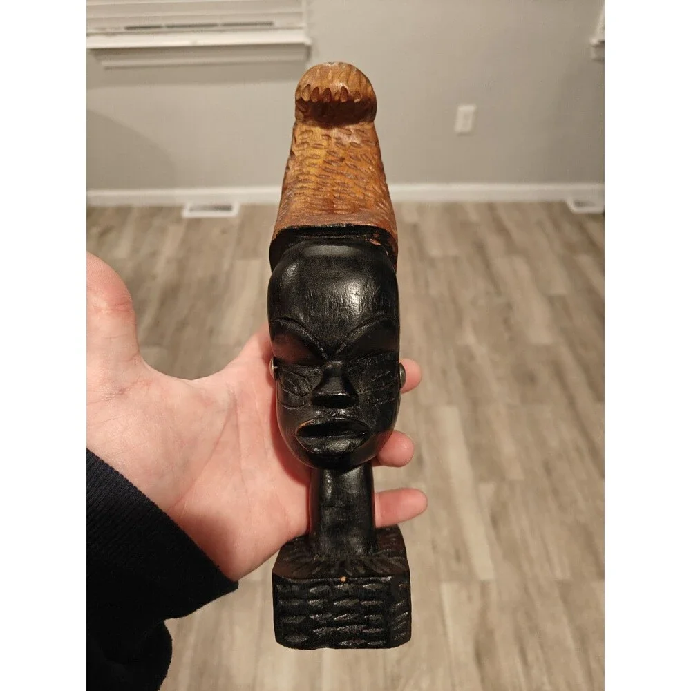 Vintage African Wood Hand Carved Wooden Sculpture Head